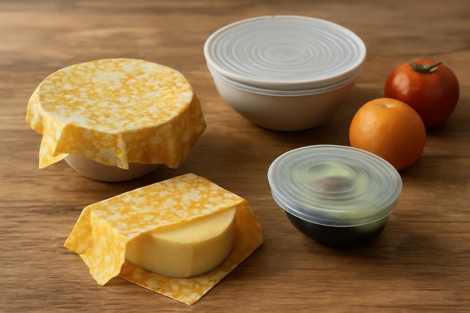 Beeswax wraps and silicone lids on a wooden table covering bowls and produce
